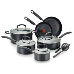 T-fal 12-Piece Superior Nonstick Cookware Set – Oven and Broiler Secure as much as 350°F, Contains Fry Pans, Saucepans, Deep Sauté Pan, Dutch Oven, Kitchen Utensils, and Extra