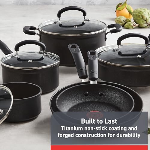 T-fal 12-Piece Superior Nonstick Cookware Set - Oven and Broiler Secure as much as 350°F, Contains Fry Pans, Saucepans, Deep Sauté Pan, Dutch Oven, Kitchen Utensils, and Extra