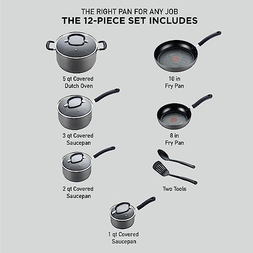 T-fal Final 12-Piece Exhausting Anodized Nonstick Cookware Set, Oven Protected as much as 400°F, Lid Protected as much as 350°F, Consists of Fry Pans, Saucepans, Dutch Oven, and Extra