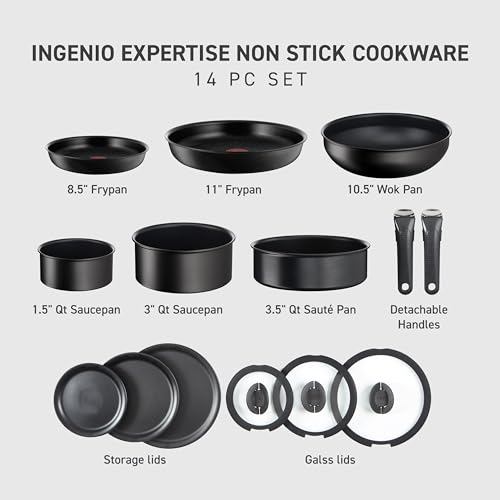 T-fal Ingenio Experience 14-Piece Non-Stick Cookware Set - Induction and Oven Secure as much as 500°F, That includes Removable Deal with, Preferrred for Kitchen, Pots and Pans, RV, Tenting, and...