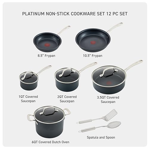 T-fal Platinum 12-Piece Non-Stick Cookware Set, Induction and Oven Secure as much as 500°F, Full Kitchen Cooking Set with Fry Pans, Saucepans, Sauté Pan, Dutch Oven, Utensils, and...