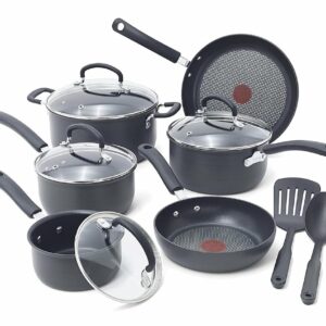 T-fal Final 12-Piece Exhausting Anodized Nonstick Cookware Set, Oven Protected as much as 400°F, Lid Protected as much as 350°F, Consists of Fry Pans, Saucepans, Dutch Oven, and Extra