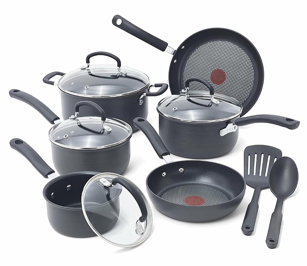 T-fal Final 12-Piece Exhausting Anodized Nonstick Cookware Set, Oven Protected as much as 400°F, Lid Protected as much as 350°F, Consists of Fry Pans, Saucepans, Dutch Oven, and Extra